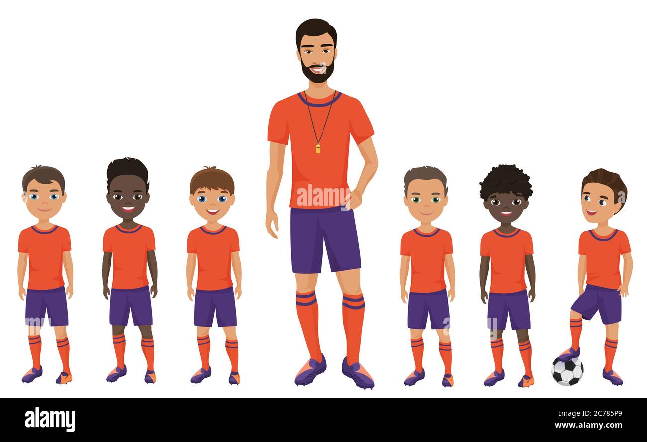 Équipe de football des enfants avec un entraîneur. Illustration vectorielle Illustration de Vecteur