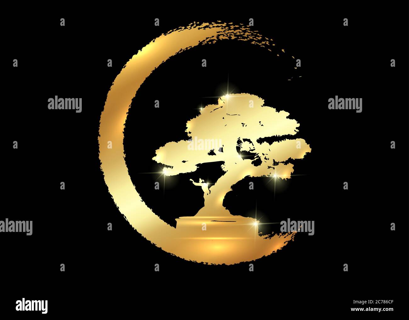 Logo bonsaï japonais doré, icônes de silhouette de plante sur fond noir, écologie verte de luxe, silhouette dorée de bonsaï. Image détaillée isolée Illustration de Vecteur