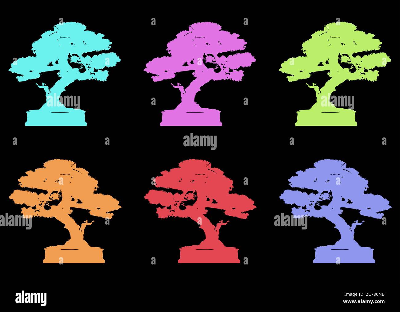 Affiche le logo de bonsaï japonais, les icônes de silhouette de plante sur fond noir ou blanc, jardin bonsaï coloré Illustration de Vecteur