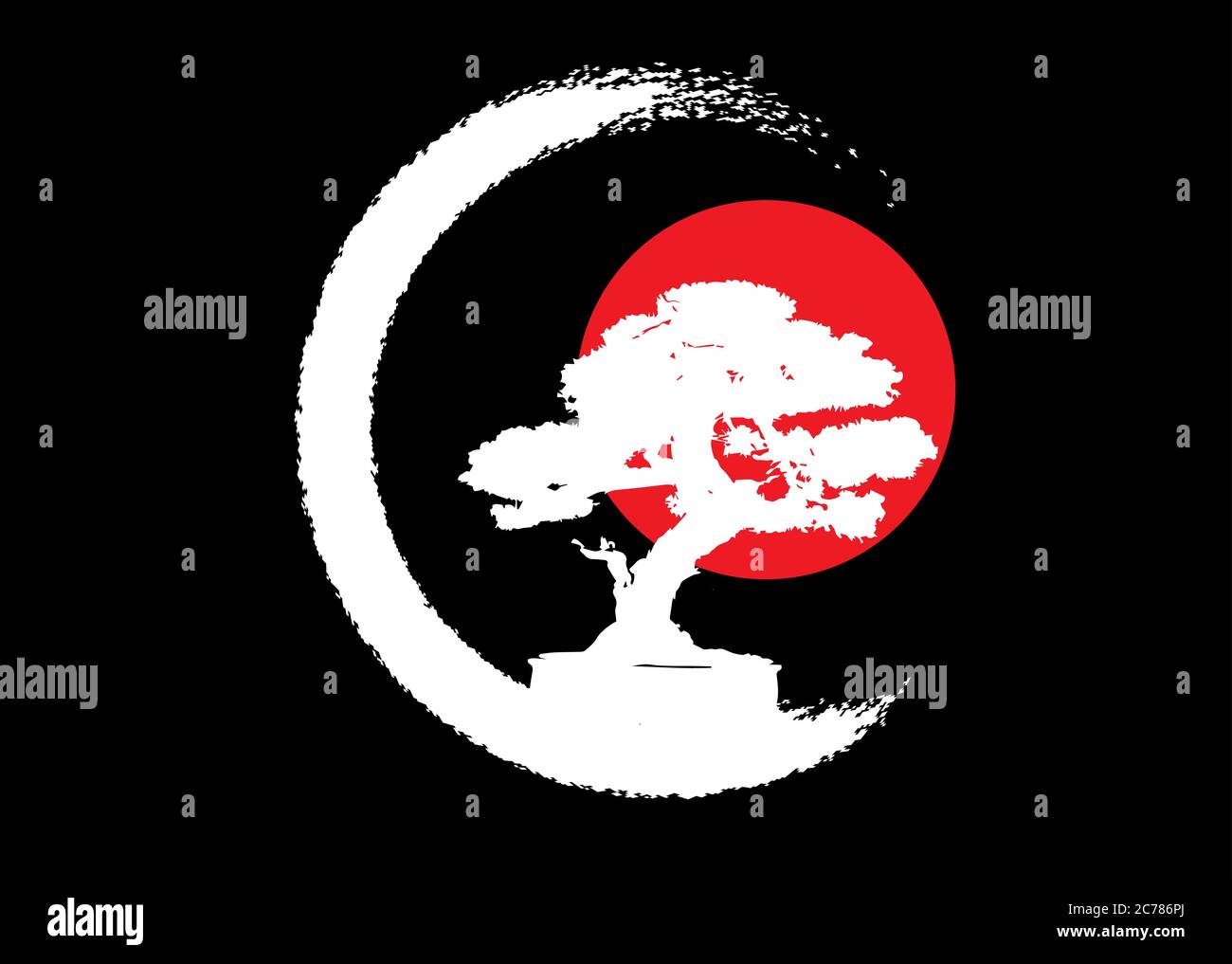 Logo de bonsaï japonais, icônes de silhouette de plante blanche sur fond noir, silhouette écologique verte de bonsaï et coucher de soleil rouge. Isolation d'image détaillée Illustration de Vecteur