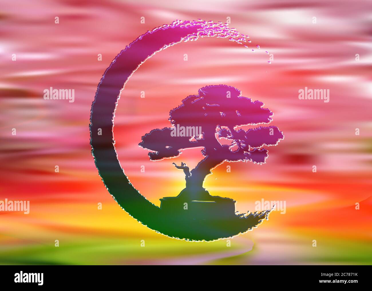 Logo de bonsaï japonais, icônes de silhouette de plante, silhouette d'arbre de vie de fond rouge de ciel de coucher de soleil. Image détaillée. Bio nature coloré concept Illustration de Vecteur