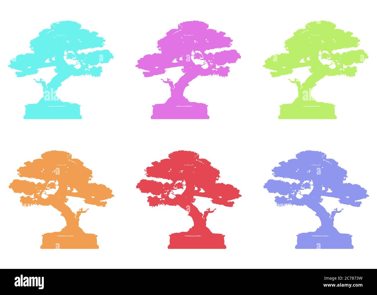 Affiche le logo de bonsaï japonais, les icônes de silhouette de plante sur fond noir ou blanc, jardin bonsaï coloré Illustration de Vecteur