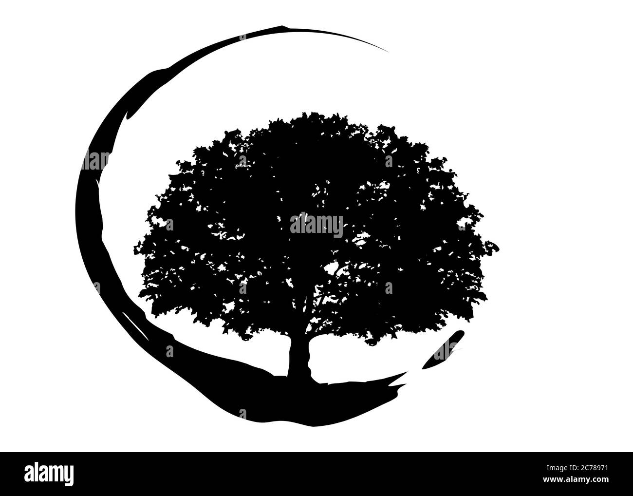 Illustration du vecteur chêne, logo biologique écologique vert. Silhouette noire vectorielle d'un arbre isolé ou blanc, agriculture biodynamique Illustration de Vecteur