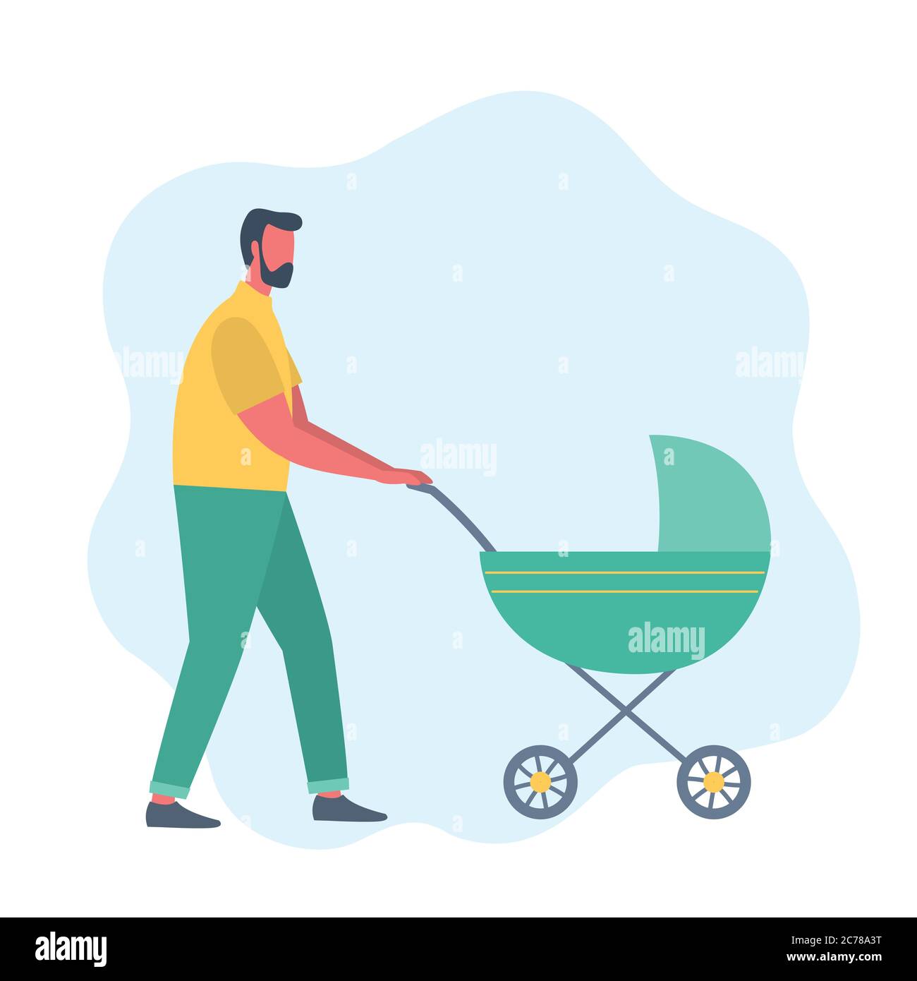 Père avec bébé sur une promenade. Jeune homme avec une poussette verte Illustration de Vecteur