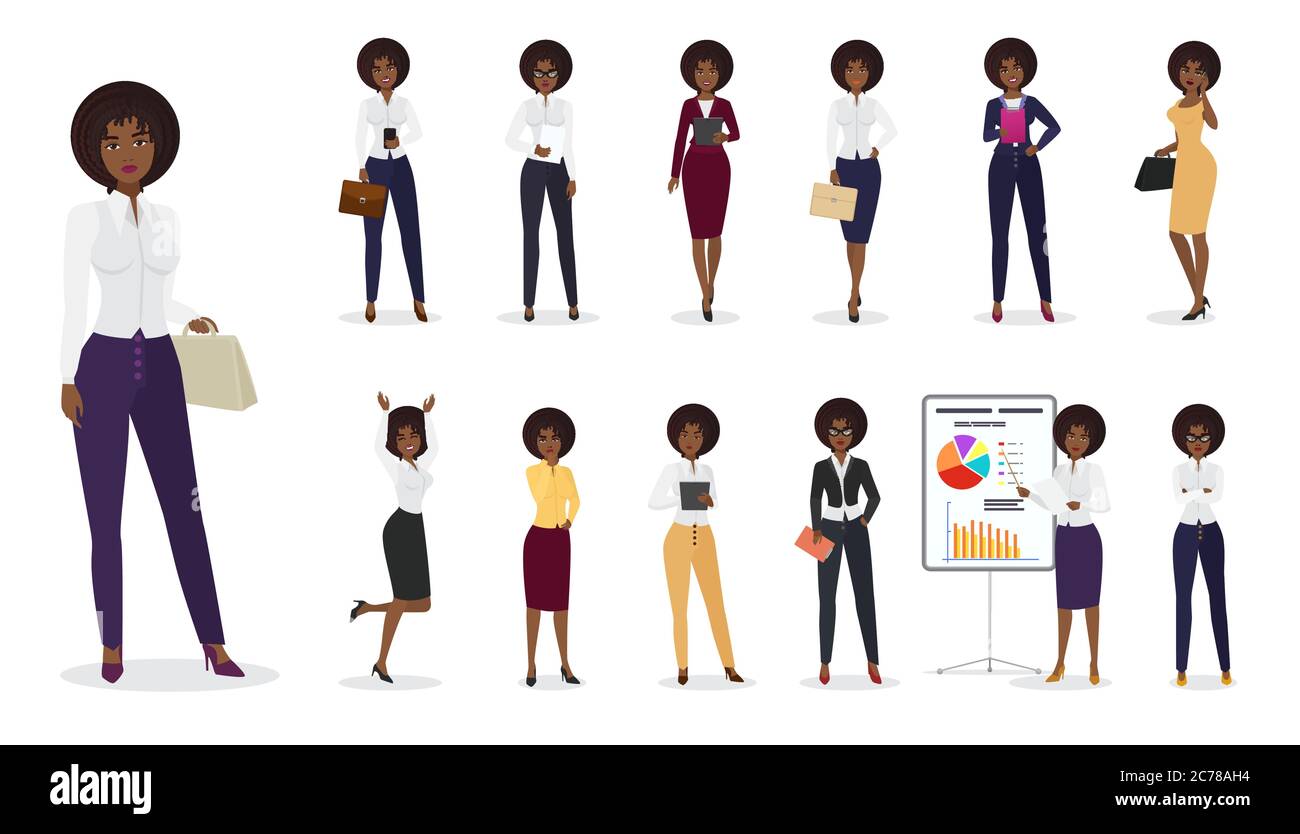 Vector Cartoon femme d'affaires afro-américaine debout dans différentes positions. Personnage de femme Illustration de Vecteur