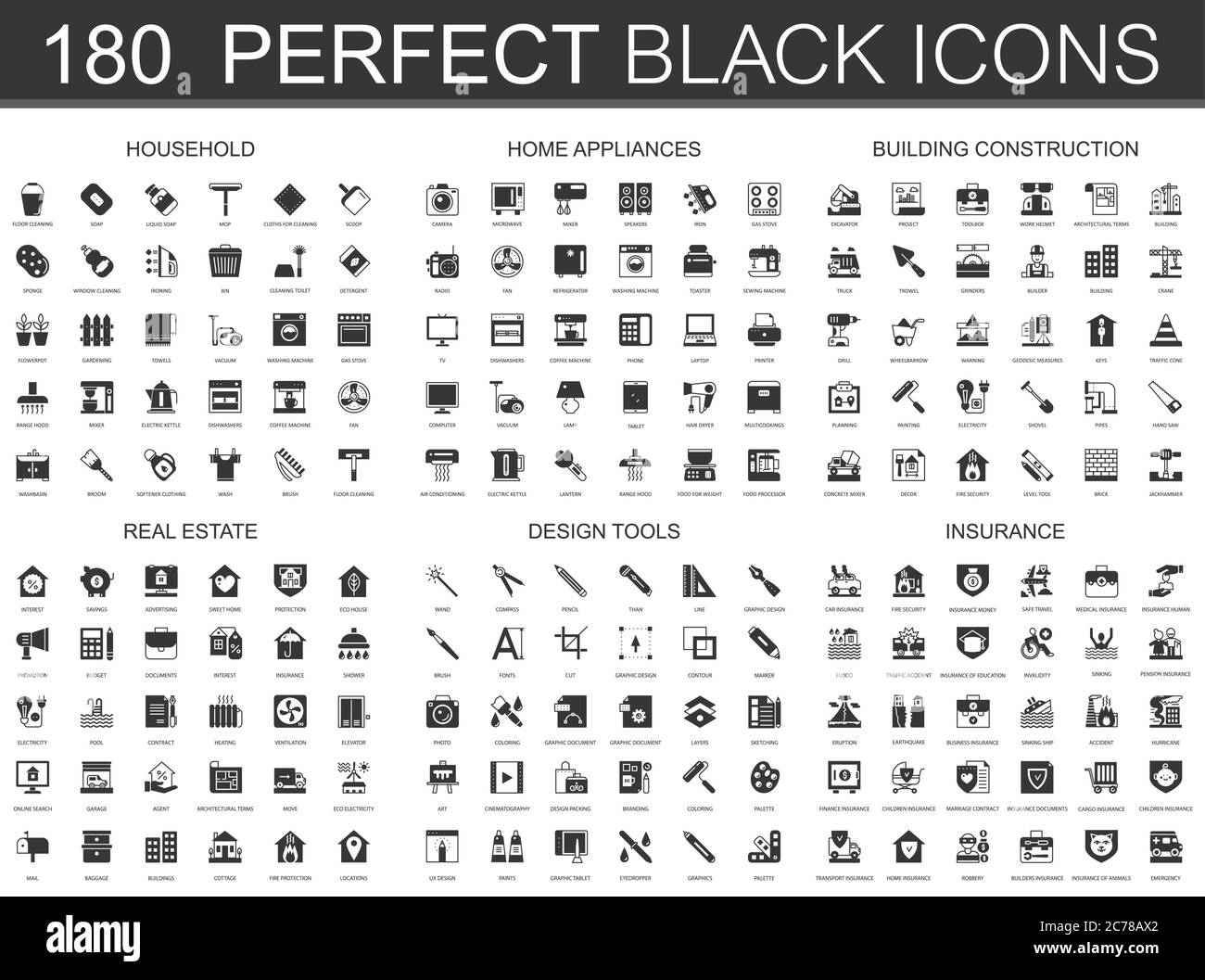 Maison, appareils ménagers, construction de bâtiments, immobilier, outils de conception, assurance mini icônes noires symboles concept. Pictogramme d'icône de vecteur moderne Illustration de Vecteur