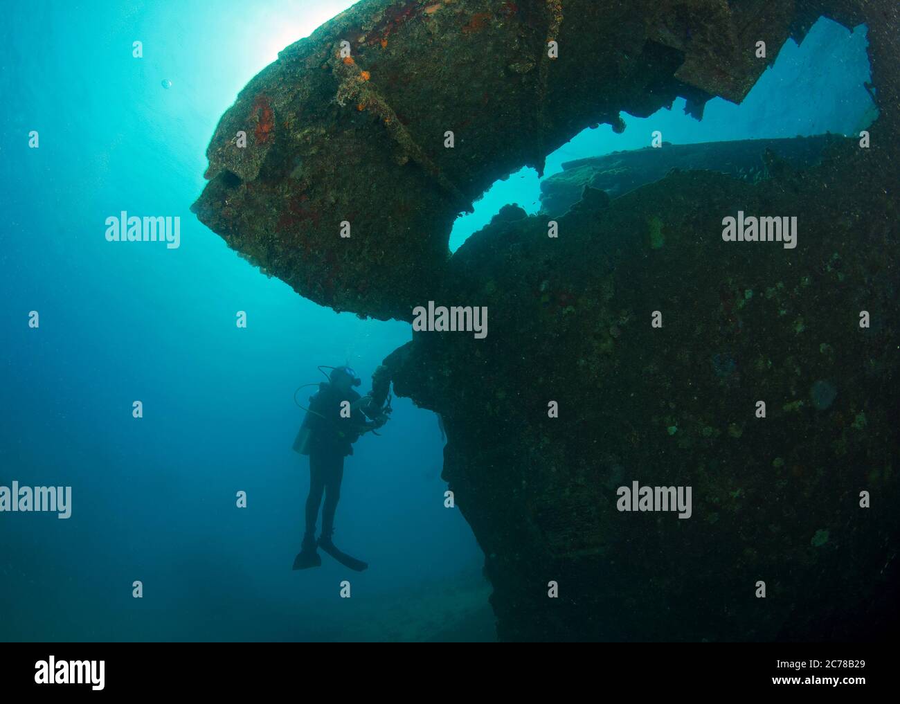 Plongeur sur l'épave SS Hamada à Abu Ghusun, Mer Rouge, Marsa Alam, Egypte Banque D'Images