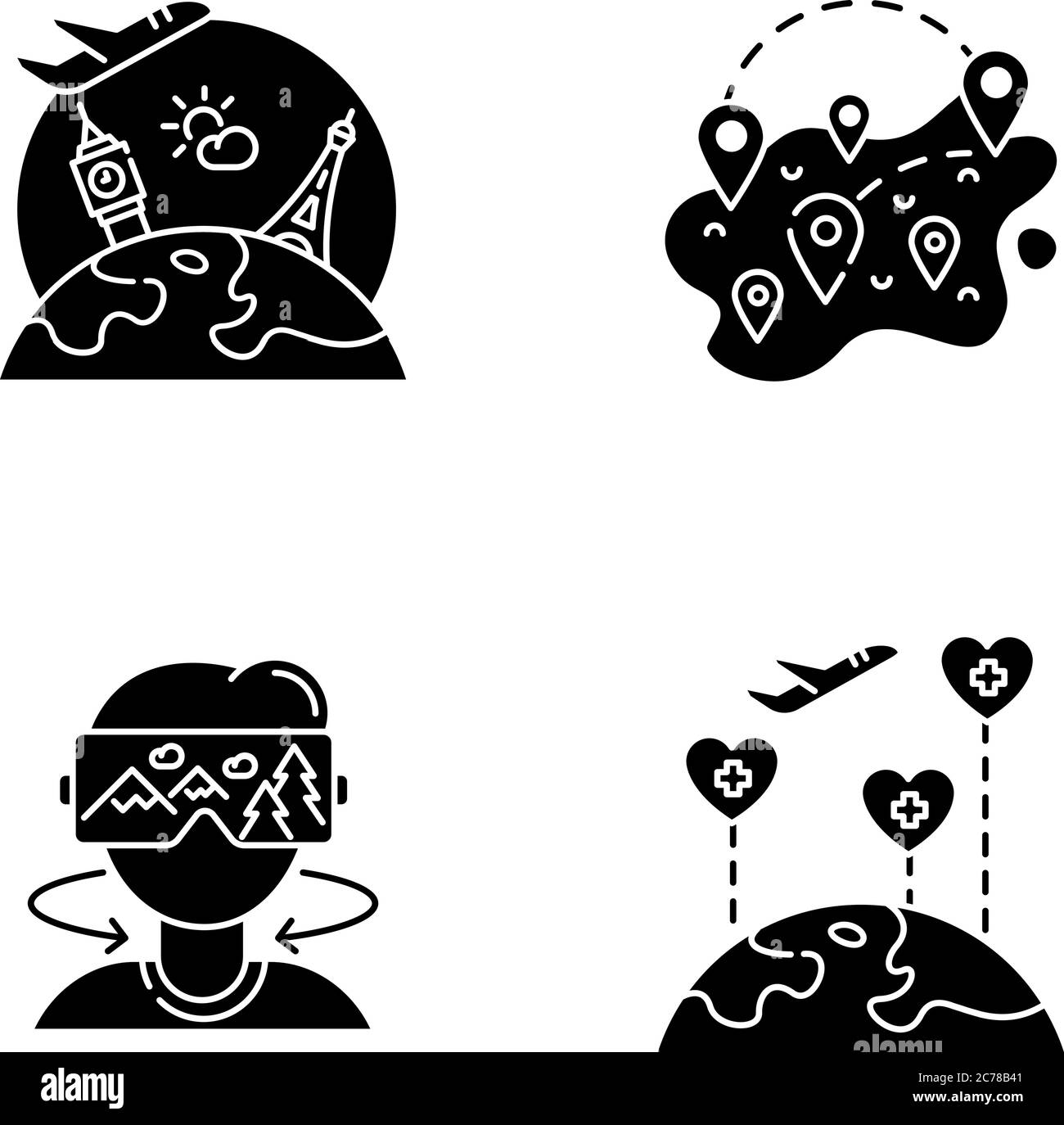 Icônes de glyphe noir touristique moderne sur l'espace blanc. Symboles de silhouette de voyages internationaux et locaux, de simulation de voyages VR et de circuits de santé. Tourisme a Illustration de Vecteur