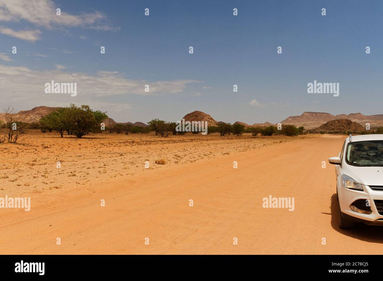 Route de terre du désert africain avec voiture blanche partielle dans le paysage de sable rouge chaud kalahari avec de petits arbres et ciel bleu. Voyage en route désert Namib. Banque D'Images Route de terre du désert africain avec voiture blanche partielle dans le paysage de sable rouge chaud kalahari avec de petits arbres et ciel bleu. Voyage en route désert Namib. Banque D'Images