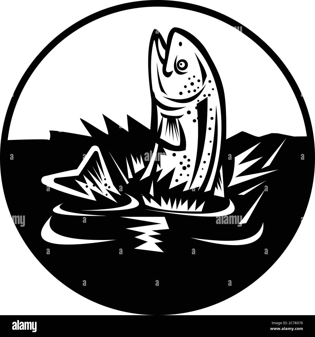 Illustration rétro de style boisée d'une truite arc-en-ciel, une espèce de truite de salmonidés indigène aux affluents d'eau froide de l'océan Pacifique, sautant le wat Illustration de Vecteur