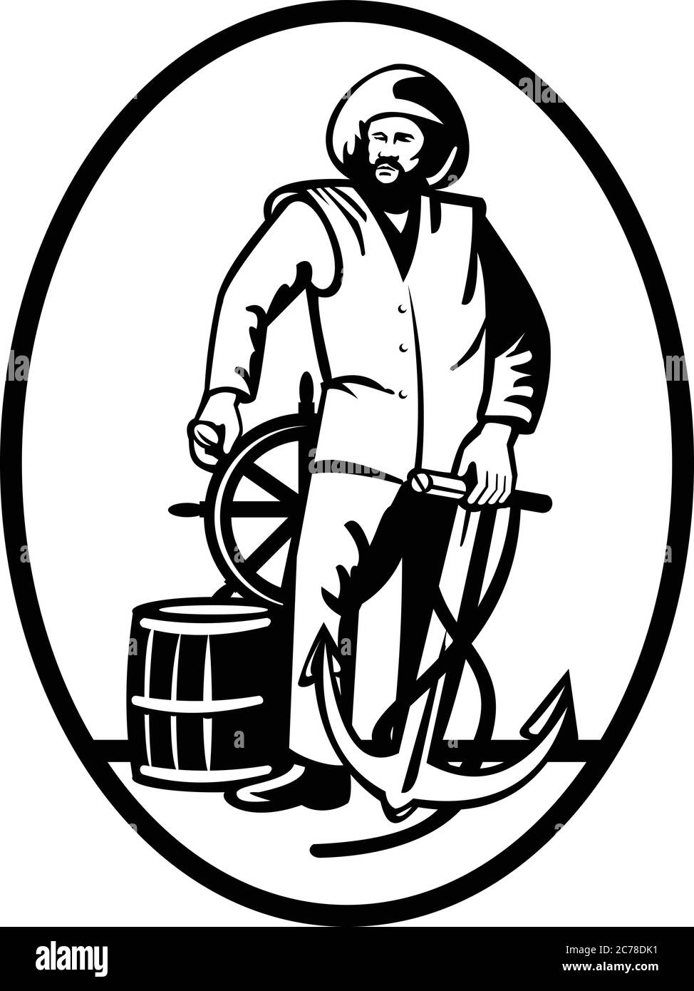 Illustration rétro de style noir et blanc d'un pêcheur commercial à la barre avec ancrage et fût en bois vu de l'avant, à l'intérieur ovale sur l'isola Illustration de Vecteur