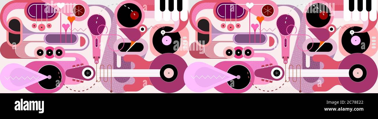 Mélange de musique abstrait. Conception horizontale plate de différents instruments de musique et oiseaux chanteurs, illustration vectorielle. Guitare acoustique, saxophone, piano Illustration de Vecteur