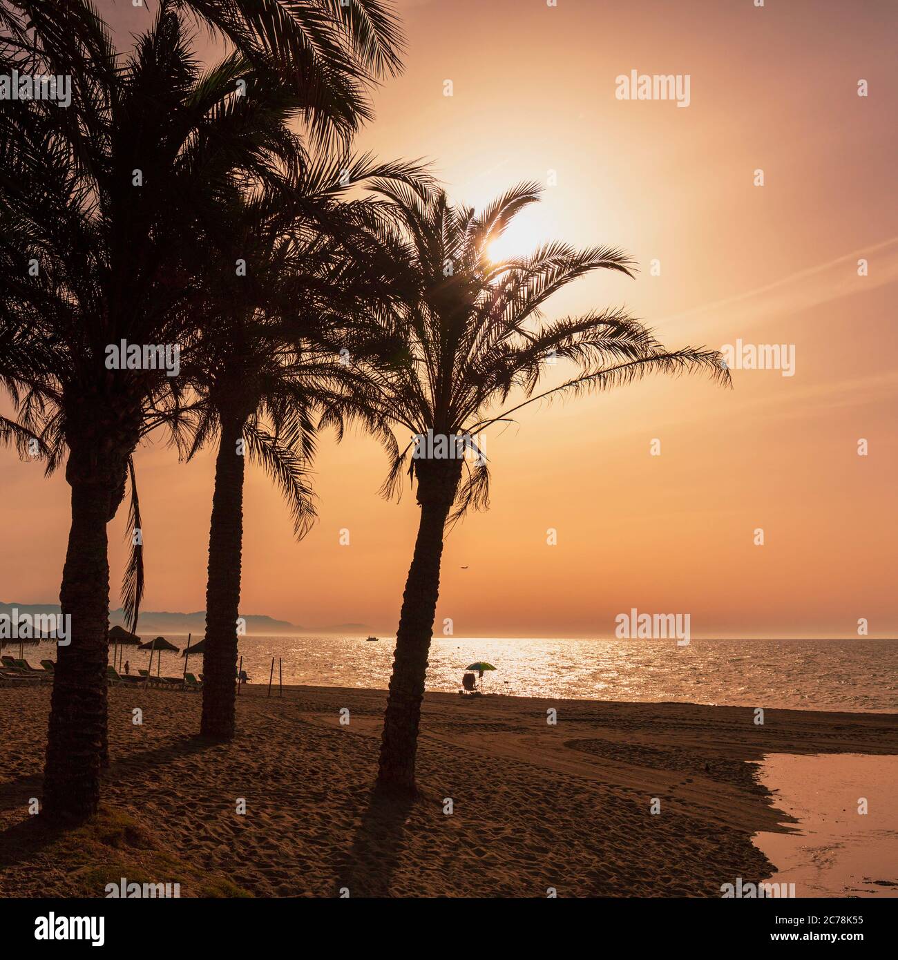 Tôt le matin sur la plage de Playamar, Torremolinos, Costa del sol, province de Malaga, Andalousie, sud de l'Espagne. Banque D'Images