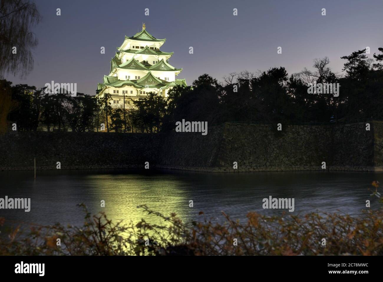 Scène nocturne du principal quartier du château de Nagoya surplombant la vaste fossé qui l'entoure pendant une nuit d'hiver. Banque D'Images