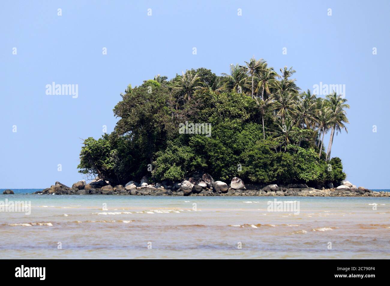 Île tropicale avec palmiers à noix de coco dans un océan, vue pittoresque depuis l'eau peu profonde, foyer sélectif. Décor marin coloré avec ciel bleu, concept Banque D'Images