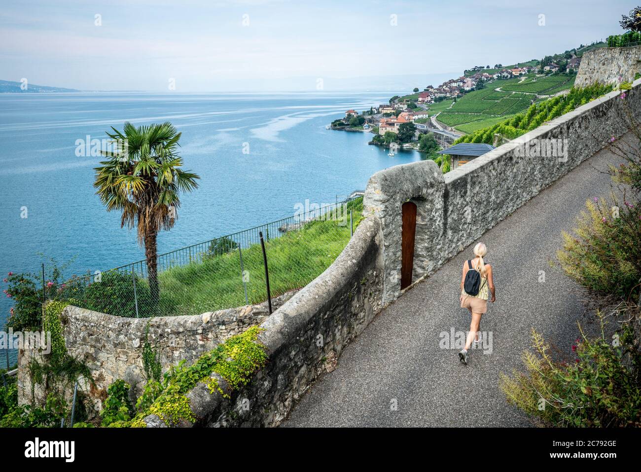 Randonnée touristique sur un sentier de randonnée au milieu des vignobles en terrasse de Lavaux et vue sur le lac de Genève à Lavaux Vaud Suisse Banque D'Images