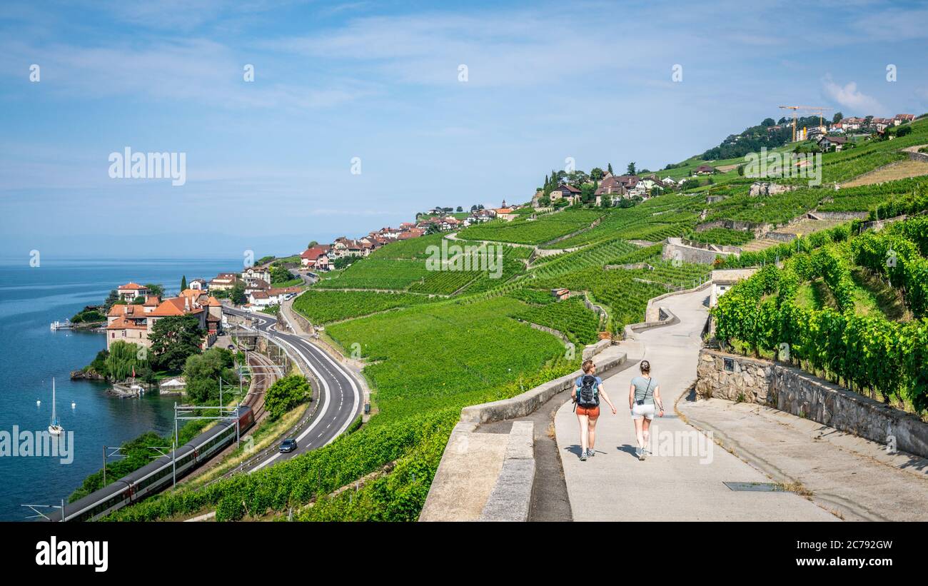 Lavaux Suisse , 26 juin 2020 : deux touristes en randonnée sur un beau sentier au milieu des vignobles en terrasse de Lavaux et du village de Rivaz sur le lac Léman si Banque D'Images