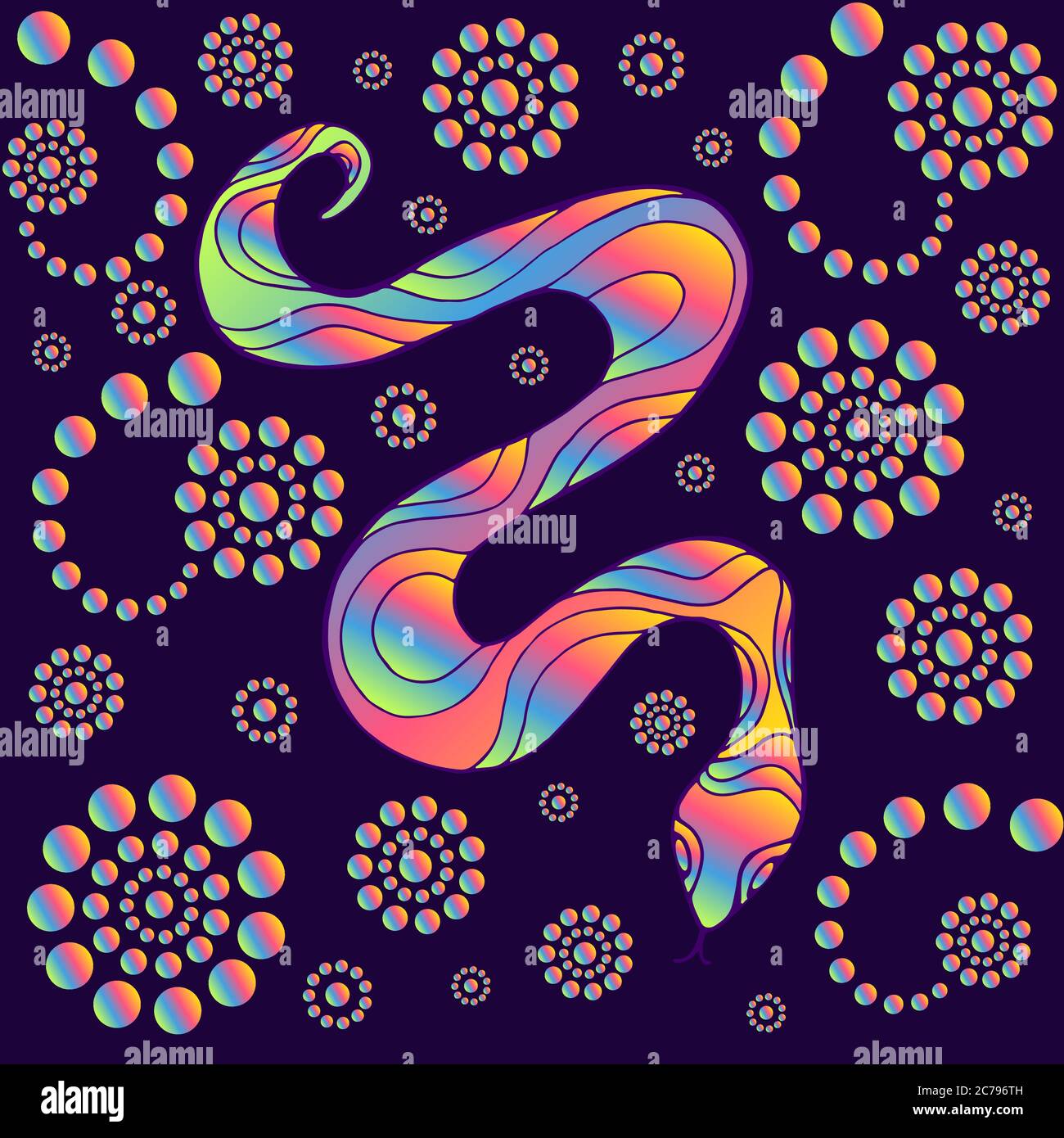 Serpent coloré brillant, couleur de dégradé de néon, isolé sur fond violet foncé avec des motifs Illustration de Vecteur