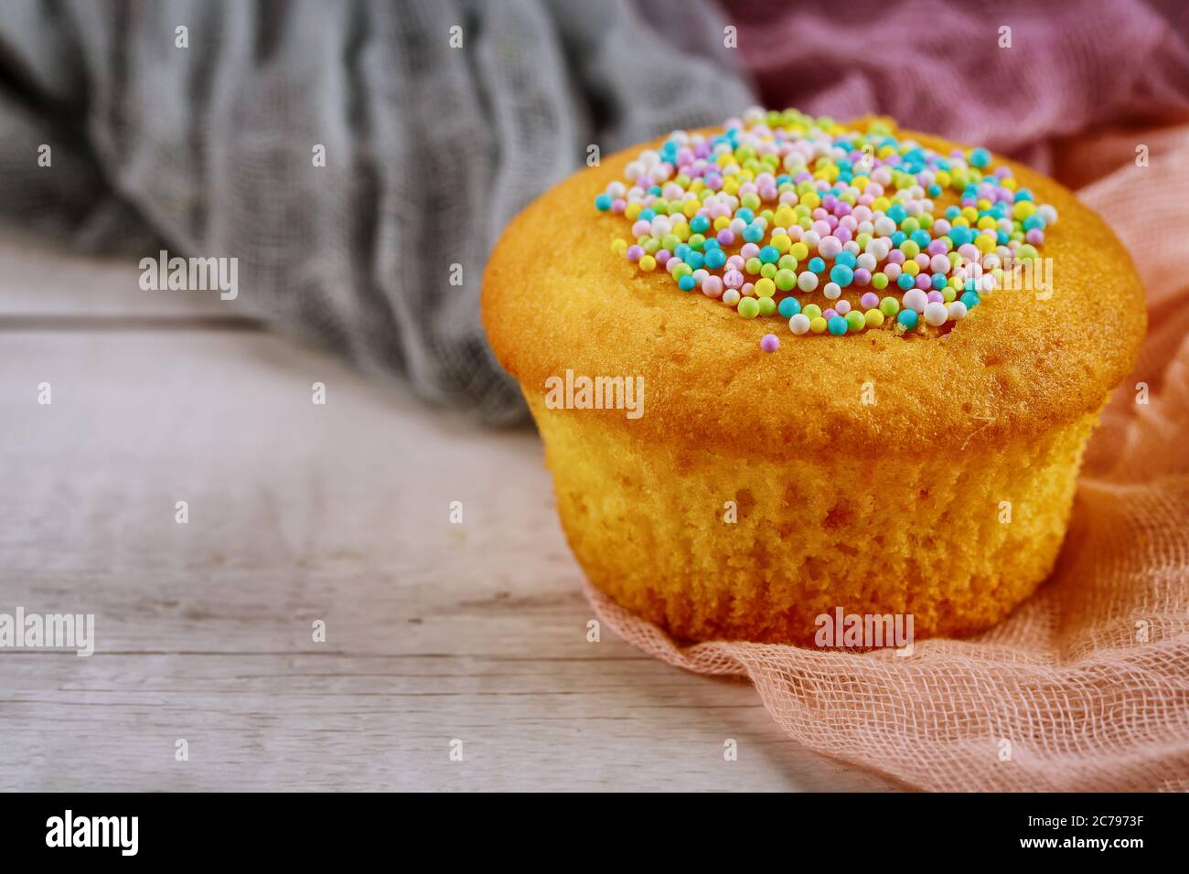 Gâteau d'anniversaire à la vanille avec saupoudrer de sucre. Gros plan. Banque D'Images