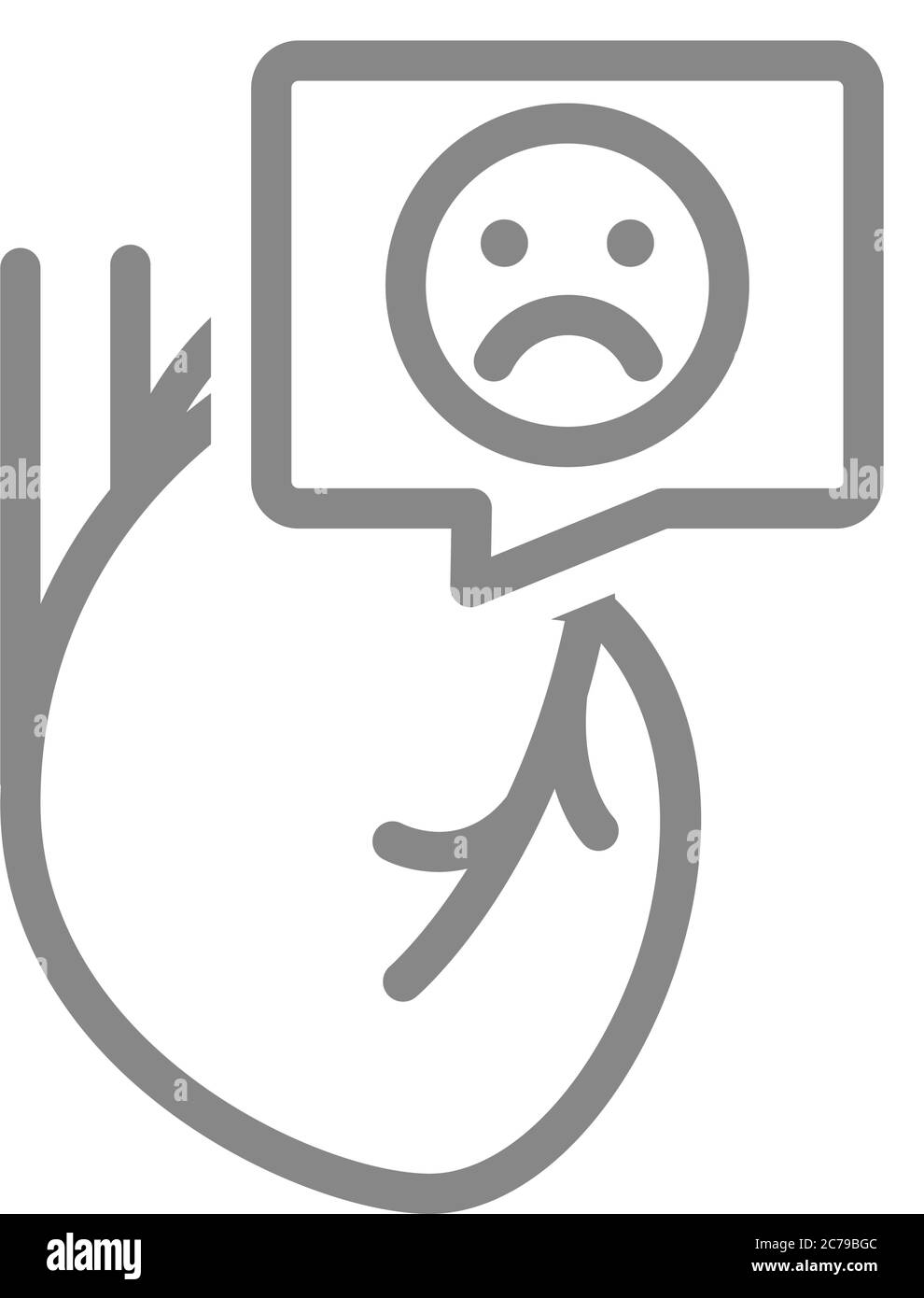 Cœur avec visage triste dans l'icône de ligne de bulle de parole. Organe interne, symbole de maladie coronarienne Illustration de Vecteur