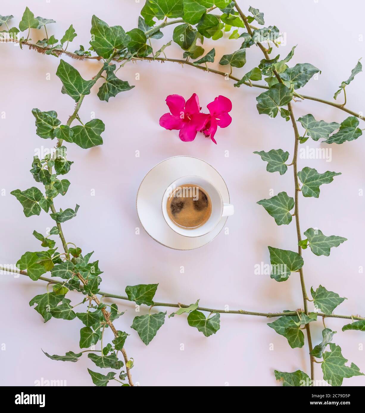 Composition avec une tasse de café blanc au centre avec un espresso et un cadre de lierre et une fleur d'oléander rouge Banque D'Images