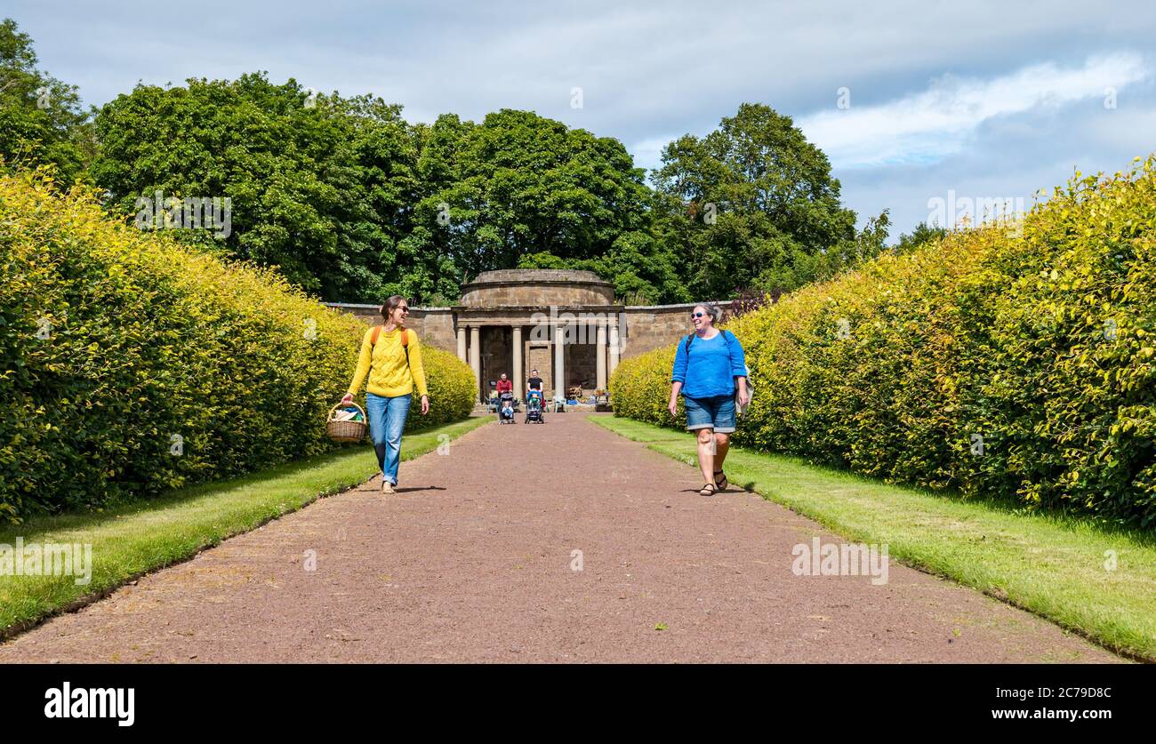 Haddington, East Lothian, Écosse, Royaume-Uni, 15th juillet 2020. Le jardin clos d'Amisfield rouvre : le jardin du 18th siècle, l'un des plus grands d'Écosse. Il est maintenant ouvert 3 jours par semaine avec un système de réservation en ligne après que les restrictions de verrouillage ont été assouplies pendant la pandémie de Covid-19. Kate et Claire apportent un pique-nique en descendant un large sentier qui s'éloigne de la structure d'angle bordée de haies sous le soleil d'été Banque D'Images