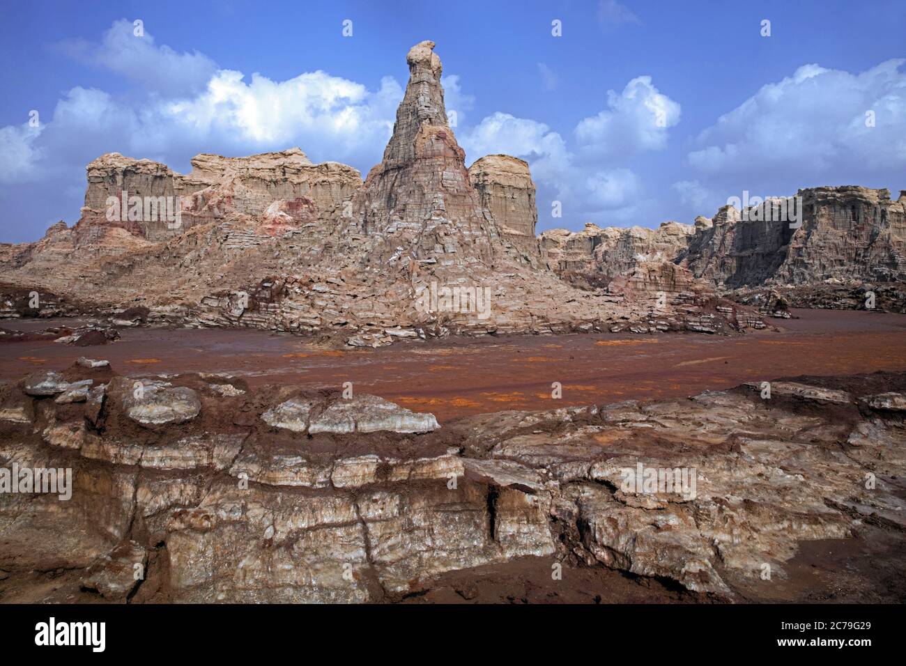 Tours érodées et pinnacles composés de sel, potassium et magnésium dans le désert de Danakil, région d'Afar, Éthiopie, Afrique Banque D'Images