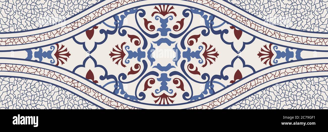 Carrelage en poterie de majolica, azulejo bleu et blanc, décor traditionnel portugais et espagnol original. Frontière transparente avec motifs victoriens. Banque D'Images