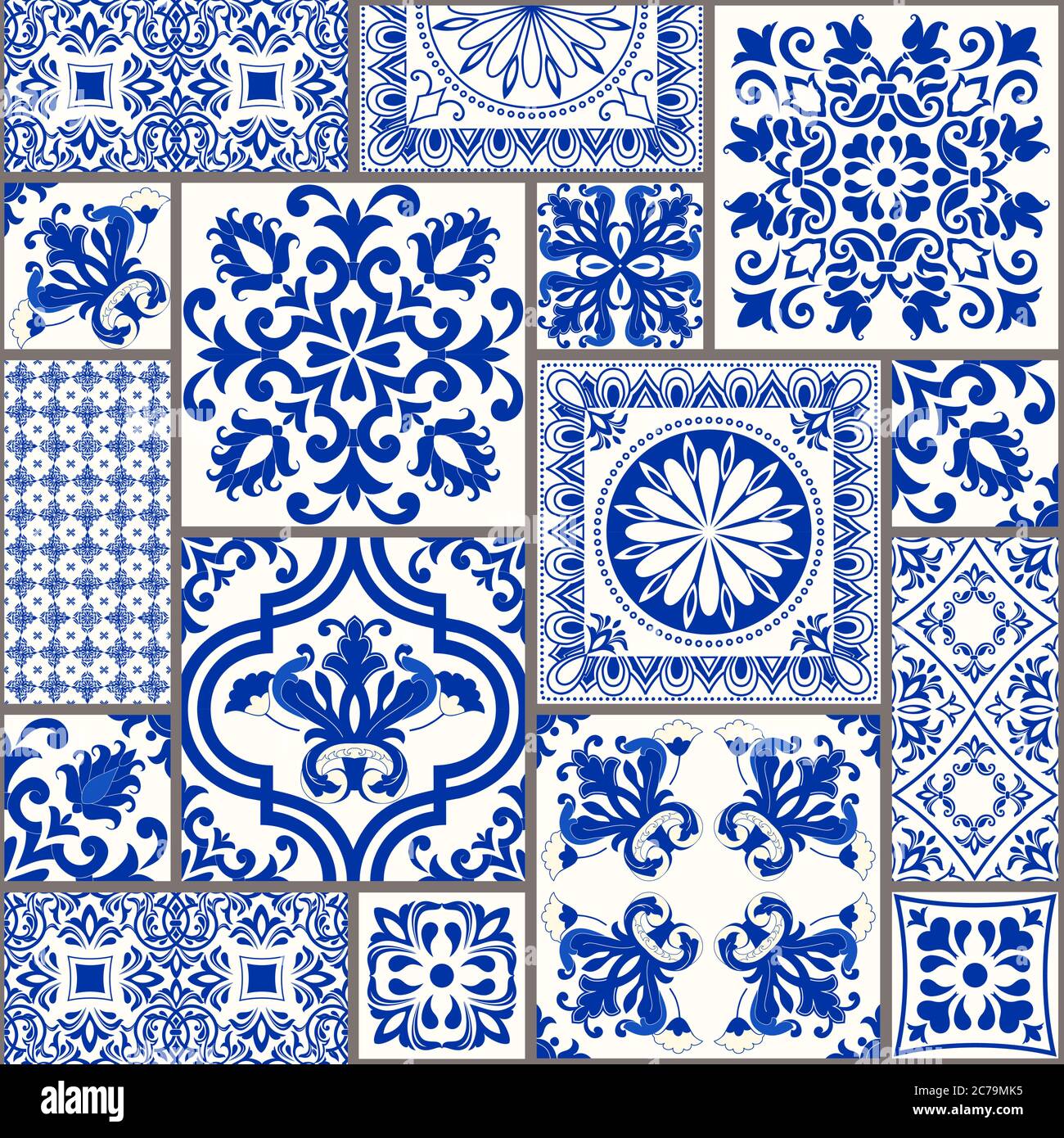 Ensemble de tuiles Azulejos en bleu, blanc. Décoration portugaise traditionnelle et espagnole originale. Carreaux de céramique de style talavera. Mosaïque Gaudi. Vecteur Illustration de Vecteur