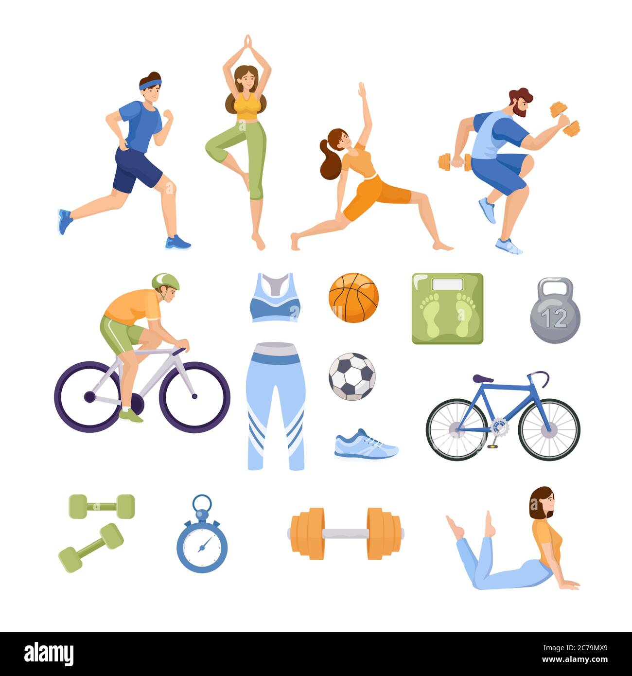 Ensemble d'articles de sport. Des gens heureux dans les vêtements de sport faisant de l'entraînement, du yoga, et de l'étirement. Vêtements de sport, vélo, chronomètre, haltère, chaussures de course, ballon, balance vecteur d'illustration plate. Illustration de Vecteur