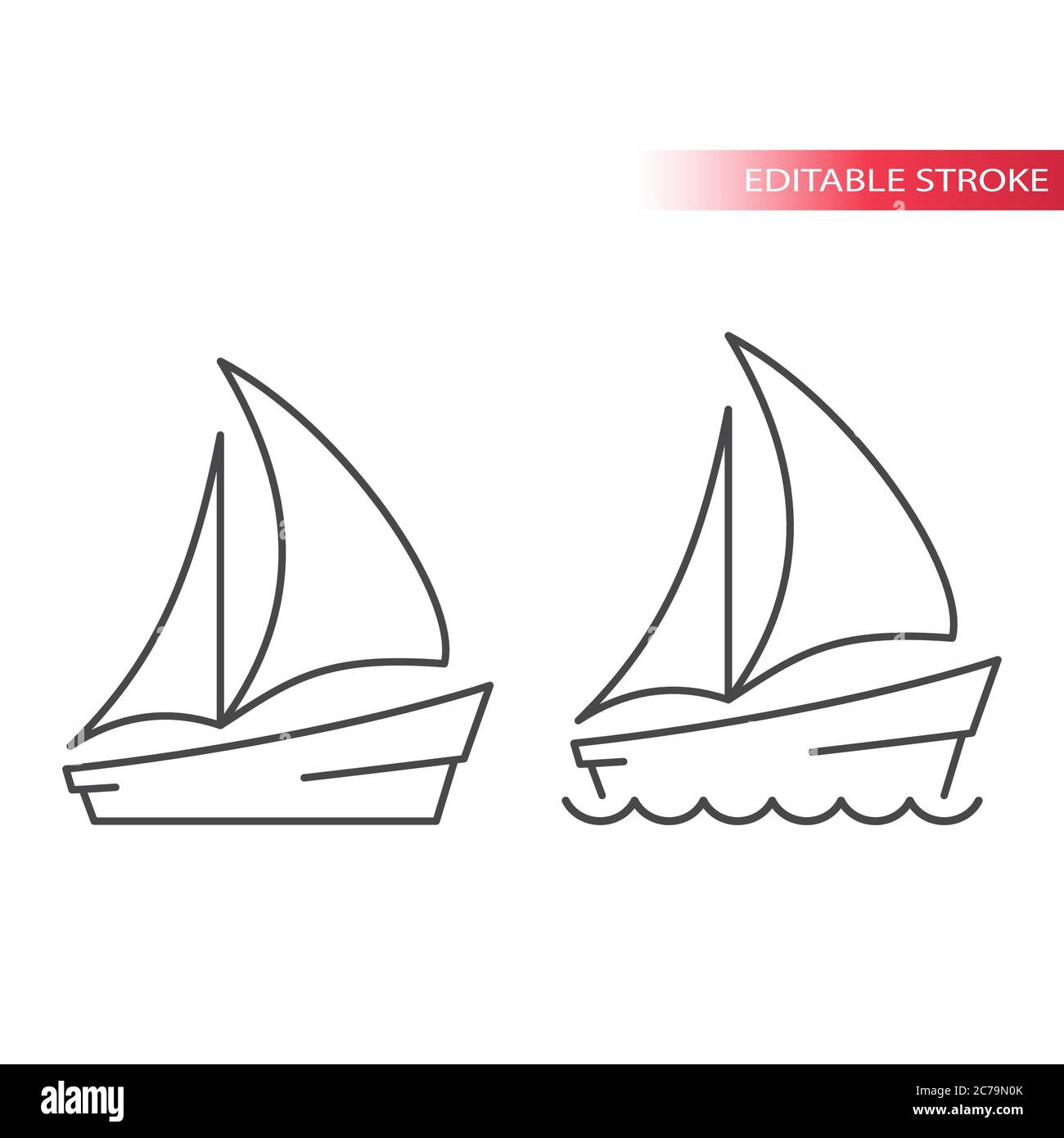 Icône de vecteur de ligne mince de bateau ou de yacht. Bateau à voile avec vagues de mer simple symbole de contour, contour modifiable. Illustration de Vecteur