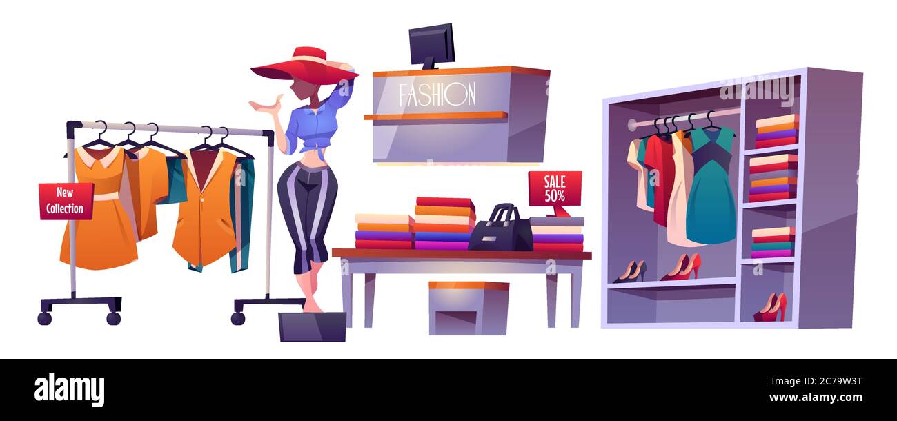 Magasin de mode, mannequin de vêtements intérieurs d'atelier, étagères de vêtements, table avec production de rabais, comptoir avec pc, cintres avec robes, bannière de vente. Illustration vectorielle de dessin animé, ensemble isolé Illustration de Vecteur
