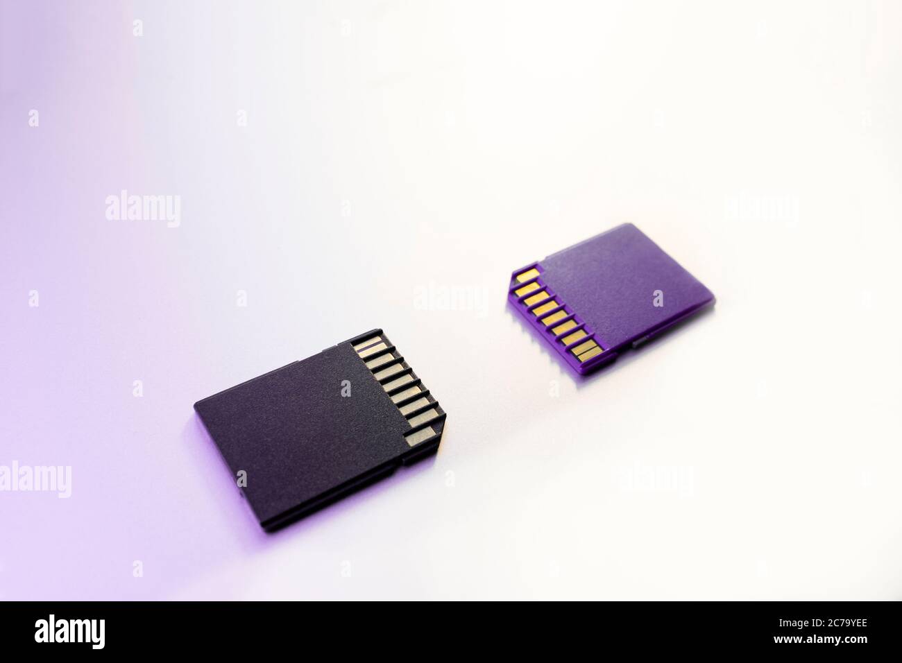 Deux cartes mémoire SD pour appareils photo numériques, mise au point sélective, filtre violet Banque D'Images