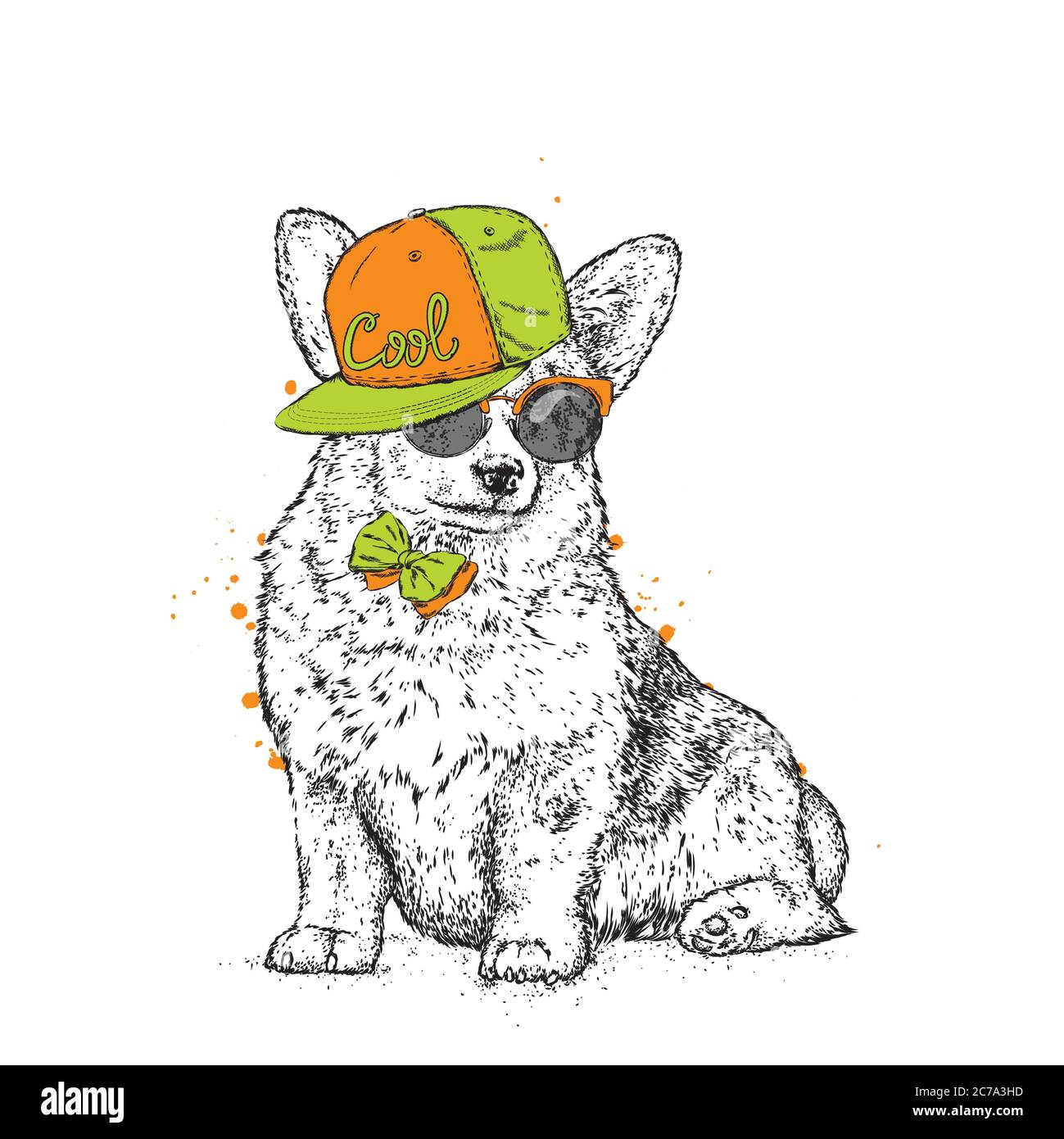 Beau chien portant des lunettes, un chapeau et une cravate. Illustration vectorielle pour carte de vœux, poster ou impression sur des vêtements. Chien d'ascendance. Illustration de Vecteur