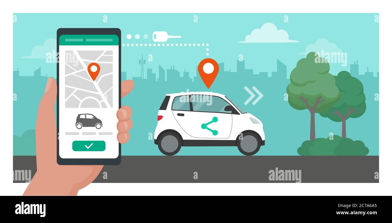 Application de partage de voiture : homme réservant sa voiture en ligne à l'aide d'une application mobile Illustration de Vecteur