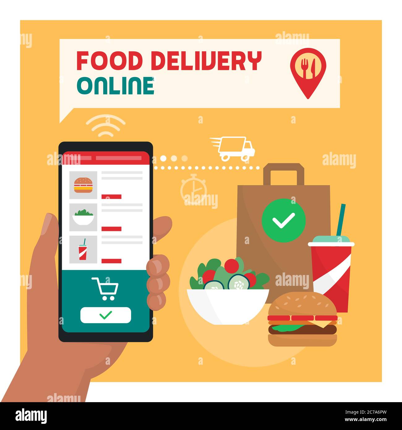 Livraison de nourriture en ligne : l'utilisateur commandant un repas prêt à l'aide d'une application mobile, délicieux aliments frais en arrière-plan Illustration de Vecteur