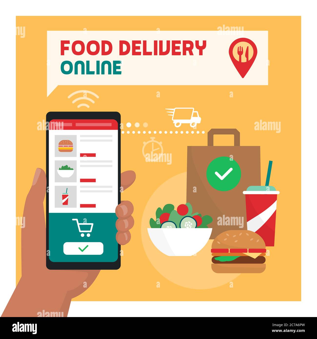 Livraison de nourriture en ligne : l'utilisateur commandant un repas prêt à l'aide d'une application mobile, délicieux aliments frais en arrière-plan Illustration de Vecteur