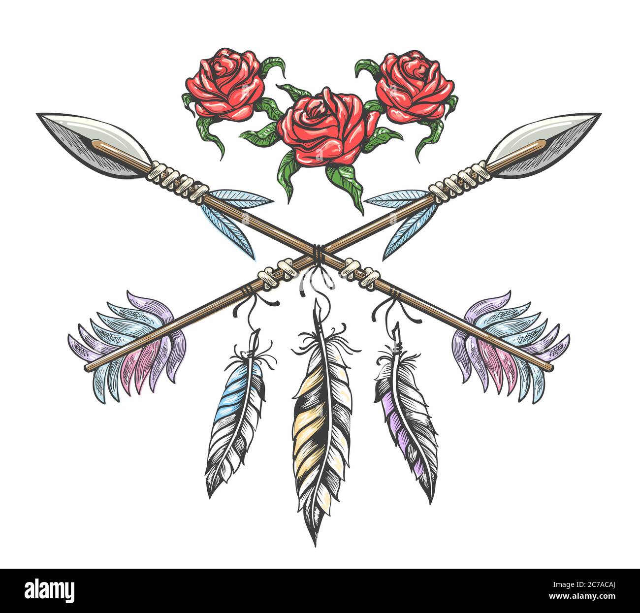 Motif boho dessiné à la main avec fleur rose, flèche et plumes. Illustration vectorielle en style tatouage. Illustration de Vecteur