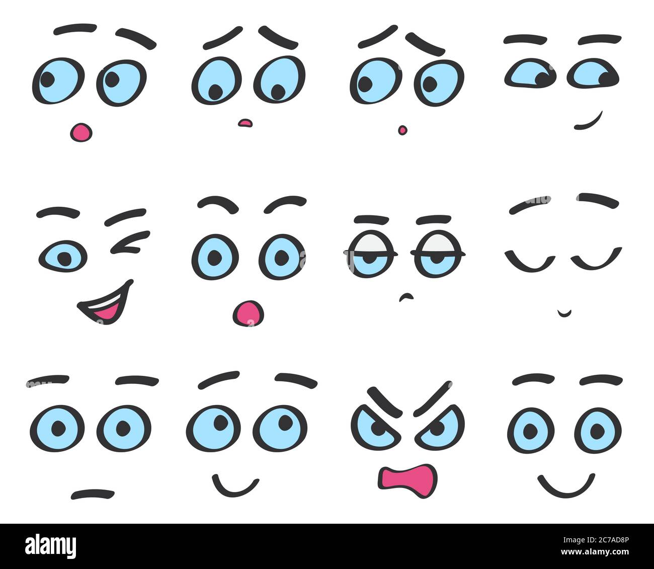 Ensemble de faces de dessin animé emoji avec trait de couleur vectoriel. Émotions amusantes d'avatar isolées Illustration de Vecteur