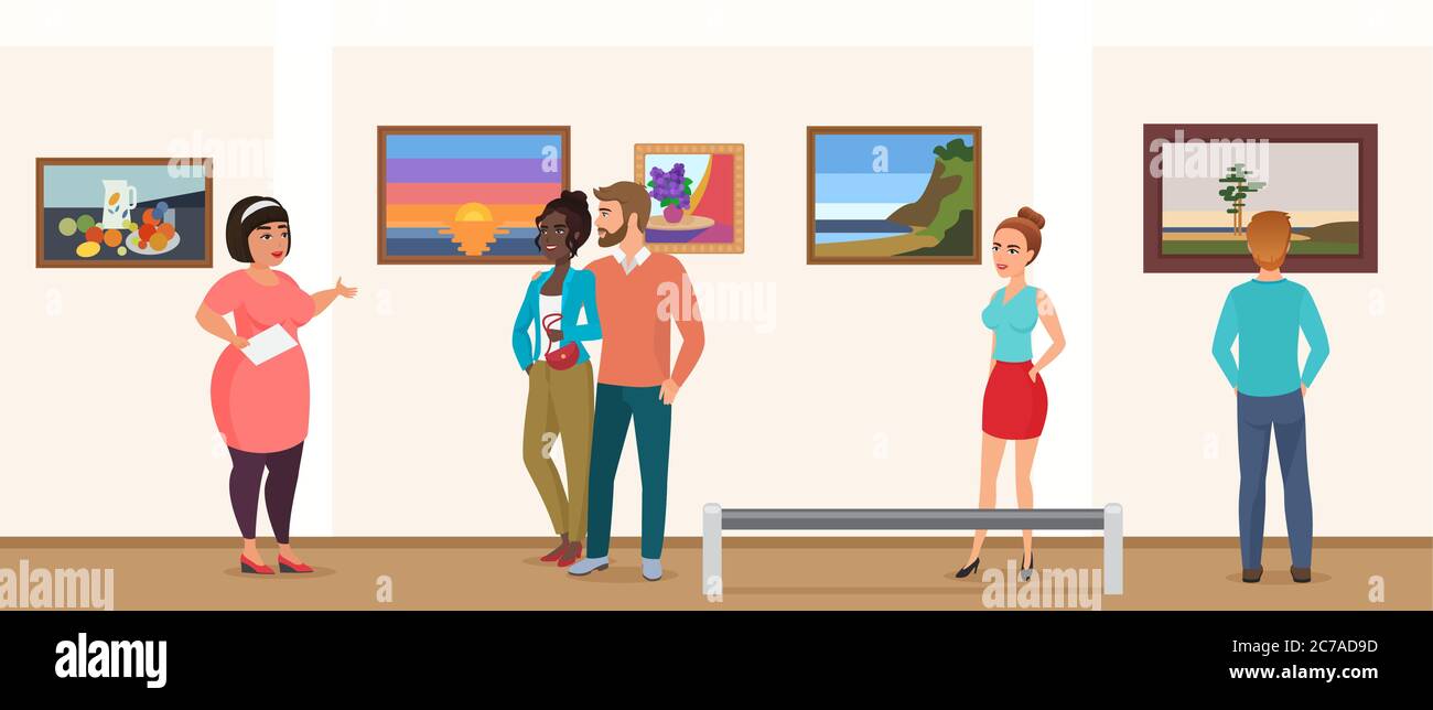 Visiteurs du musée personnes dans l'exposition d'art musée prenant la visite avec guide et regardant des photos. Illustration de Vecteur