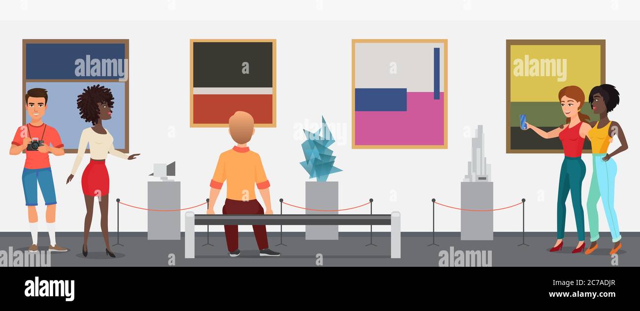 Musée visiteurs personnes dans la galerie d'exposition d'art musée prenant des photos. Illustration vectorielle Illustration de Vecteur