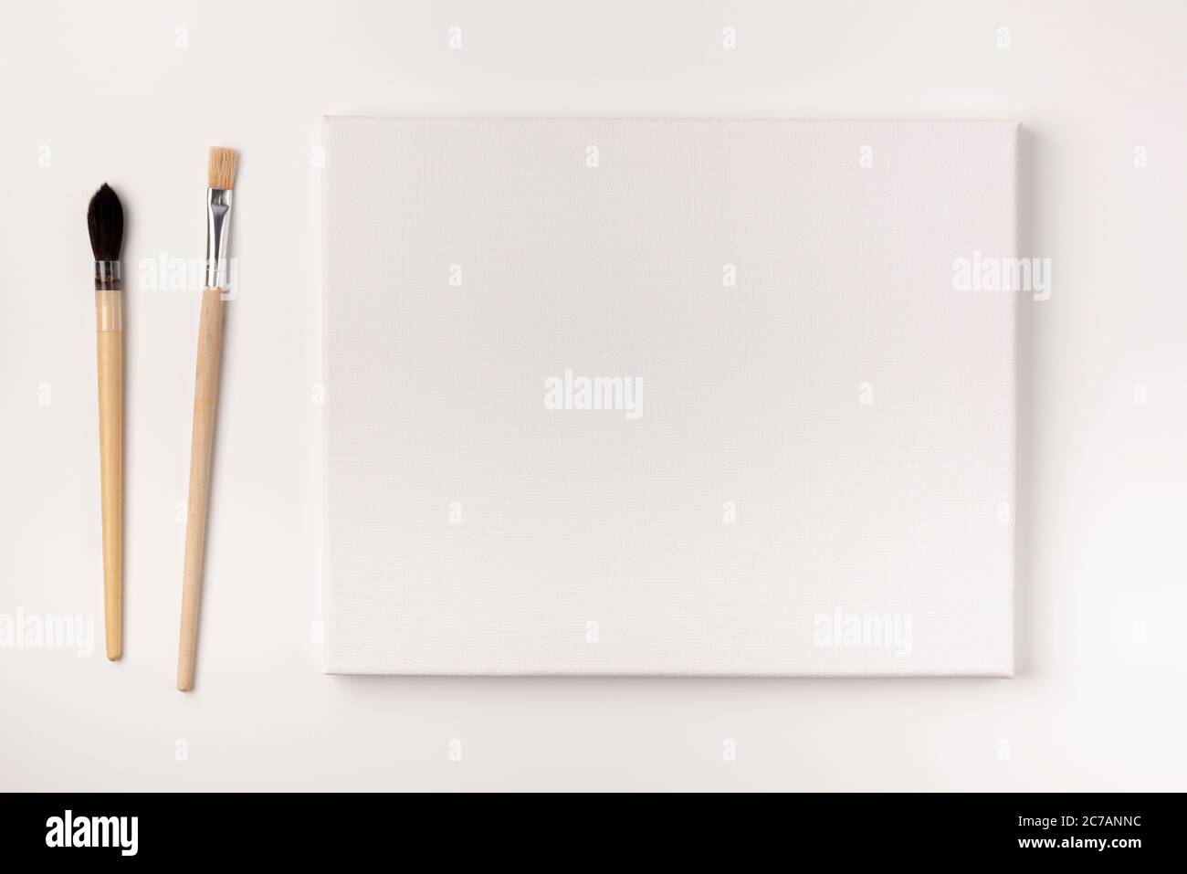 Toile de peinture vierge et pinceaux isolés sur fond blanc. Concept d'éducation à la peinture. Vue du dessus. Banque D'Images