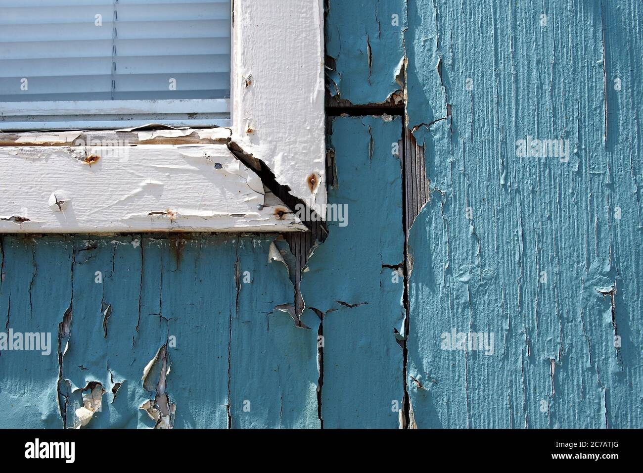 Détail de l'extérieur d'une maison - cadre de fenêtre blanc et mur peint en bleu - très usé et peeling par temps. Ottawa, Ontario, Canada. Banque D'Images