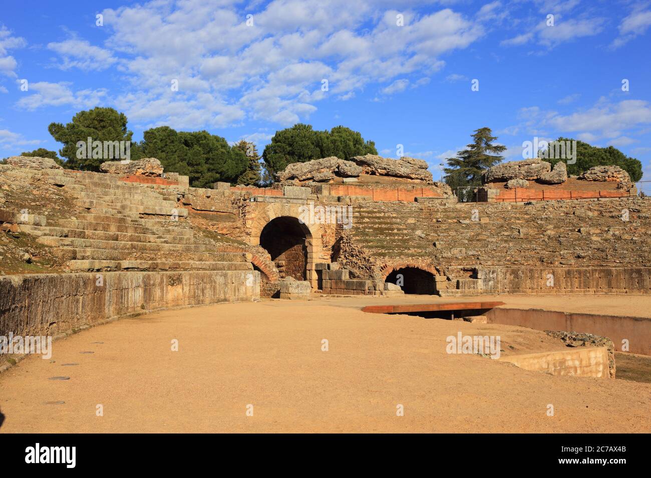 Merida, province de Badajoz, Estrémadure, Espagne le premier siècle av. J.-C. arène romaine. Patrimoine mondial de l'UNESCO. Banque D'Images