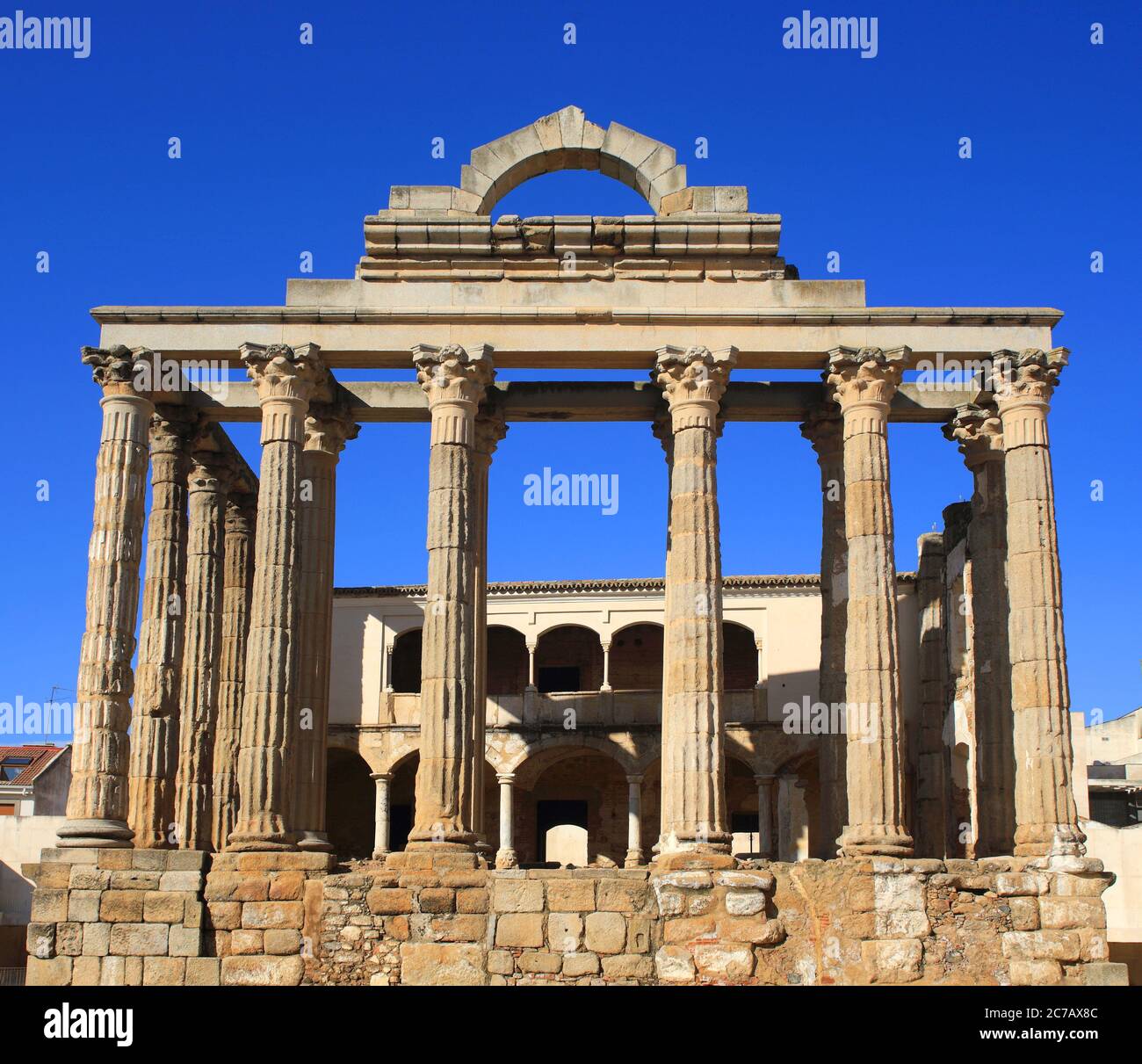 Ruines archéologiques du temple romain de Diana - 1Bc, Merida, Badajoz, Estrémadure, Espagne. Patrimoine mondial de l'UNESCO. Banque D'Images