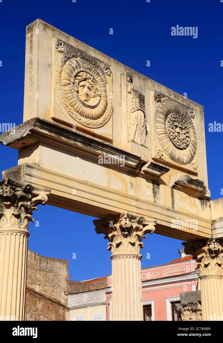 Détail des ruines archéologiques du temple romain de Diana - 1Bc, Merida, Badajoz, Estrémadure, Espagne. Patrimoine mondial de l'UNESCO. Banque D'Images