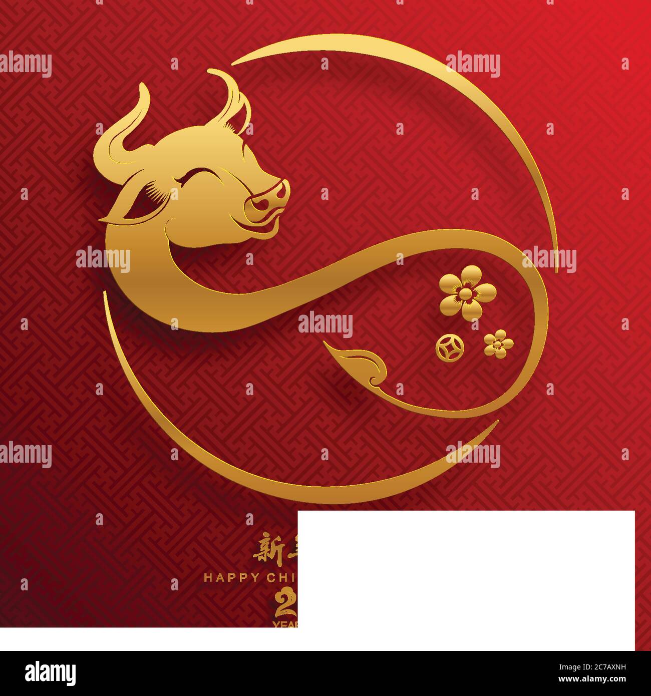 Nouvel an chinois 2021 année du boeuf, papier rouge coupé caractère boeuf, fleur et éléments asiatiques avec style artisanal sur fond. Illustration de Vecteur