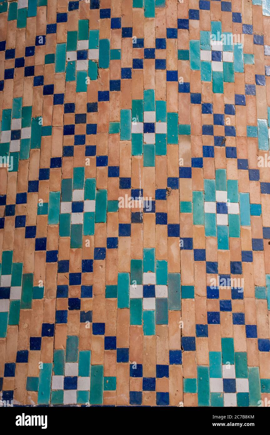 Détail du tillwork coloré au Nodir Devon Begi Madrasasi à Boukhara, Ouzbékistan. Banque D'Images