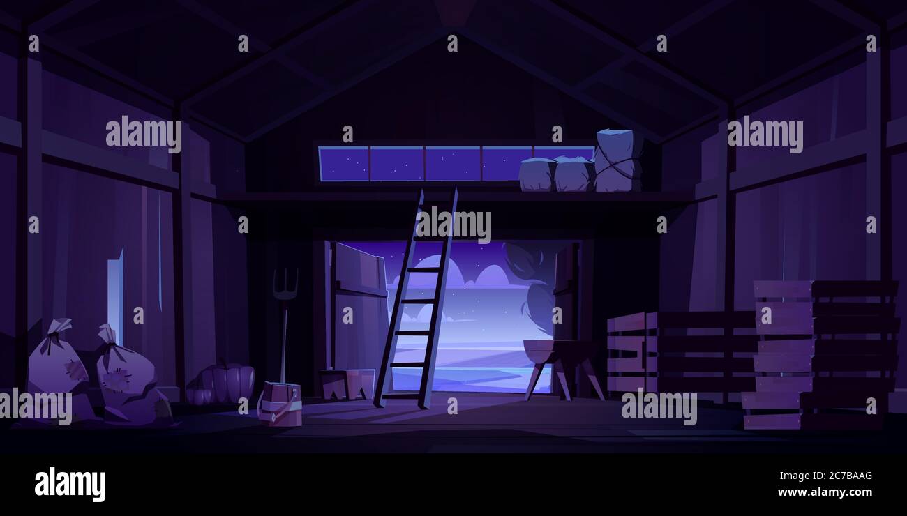 Grange sur ferme avec récolte, paille et foin la nuit. Dessin animé vectoriel intérieur d'un ancien hangar en bois avec haystack sur le loft, l'échelle, la fourchette, les sacs et la citrouille. Vider la maison de campagne pour la récolte de stockage Illustration de Vecteur