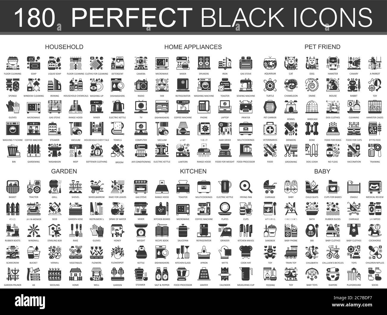 180 articles ménagers, appareils électroménagers, animaux de compagnie, jardin, cuisine, mini-icônes de concept noir de bébé et ensemble de symboles d'infographie Illustration de Vecteur